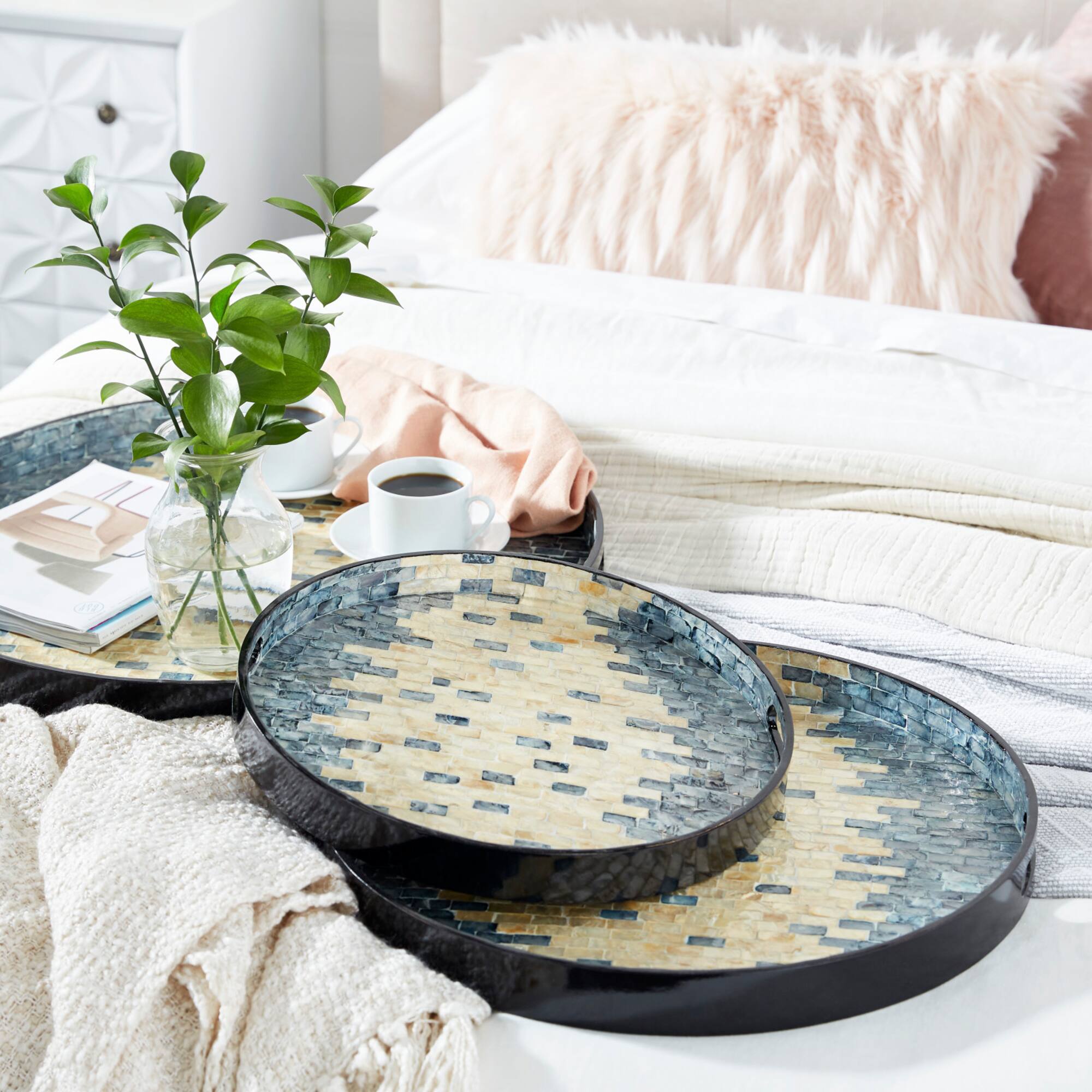 Set of 3" Black Mother of Pearl Coastal Tray, 24", 20", 16"